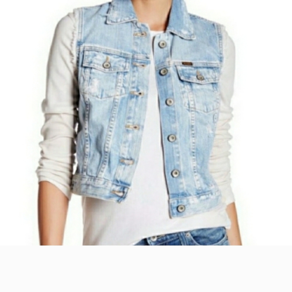 Light Blue Jean Jacket with Sleeveless Design and Distressed Look